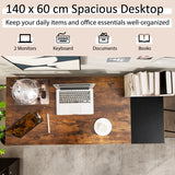 NNECW 140CM Computer Desk with 2-tier Storage Shelves &amp; Steel Frame-Brown