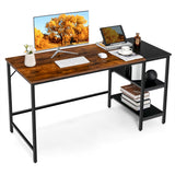 NNECW 140CM Computer Desk with 2-tier Storage Shelves &amp; Steel Frame-Brown