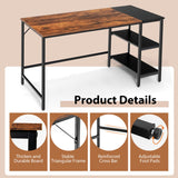 NNECW 140CM Computer Desk with 2-tier Storage Shelves &amp; Steel Frame-Brown
