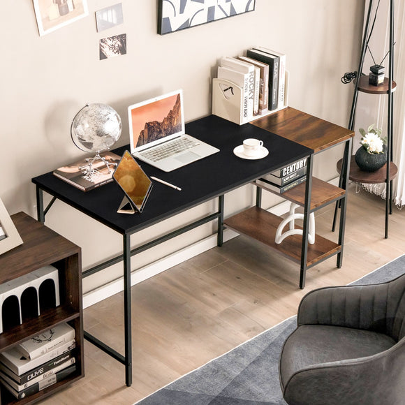 NNECW 140CM Computer Desk with 2-tier Storage Shelves & Steel Frame-Black