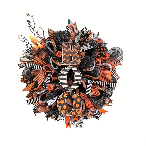 NNETM Halloween Mesh Wreath with Boo Design