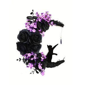 NNETM Halloween Black Cat Crescent Moon Wreath