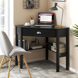 NNECW Corner Computer Desk with Drawer &amp; Shelves for Office-Black
