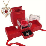 Double-Layer Heart Pendant Necklace Gift Set with Rose Box & Greeting Card