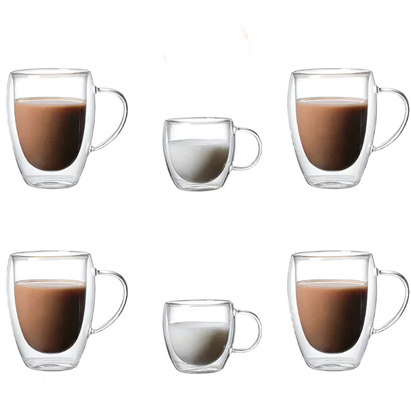 NNEOBA 6pcs Double-Layer Transparent Glass Mug Set