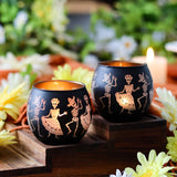 A Pair of Dancing Skeleton Couple Candlesticks for The Day of The Dead, Featuring Two Glass Halloween Party Decorations with Sugar Skulls And Floral Designs. Ideal for Haunted House Themes, Studios, Weddings, Christmas, Easter, Thanksgiving