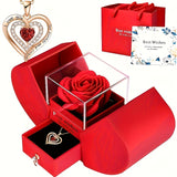 Double-Layer Heart Pendant Necklace Gift Set with Rose Box & Greeting Card