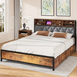 NNETM Queen Size Bed Frame with Drawers, Shelf, Headboard & Charging Station(Brown)