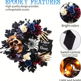 NNETM Eerie Illuminations: Skull Wreath with Spider Web and LEDs