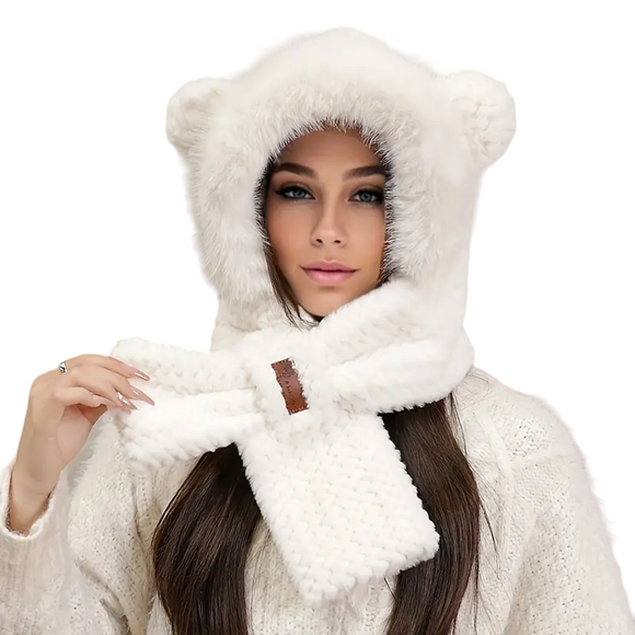 NNETM Winter White Cartoon Knitted Hat Scarf with Ear Warmer Toggle Closure
