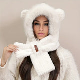 NNETM Winter White Cartoon Knitted Hat Scarf with Ear Warmer Toggle Closure