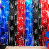 Spider Birthday Party Decoration, 1/2/4 Pack Spider Web Printing Red Black Blue 100.58 X 201.17cm Foil Fringe Streamers Tinsel Photo Booth Props Streamers Backdrop for Spider Party Supplies, Halloween Decorations & Christmas Decorations
