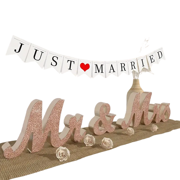 NNETM Rose Golden Mr & Mrs Wedding Table Large Wooden Letters