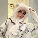 NNETM Winter White Cartoon Knitted Hat Scarf with Ear Warmer Toggle Closure
