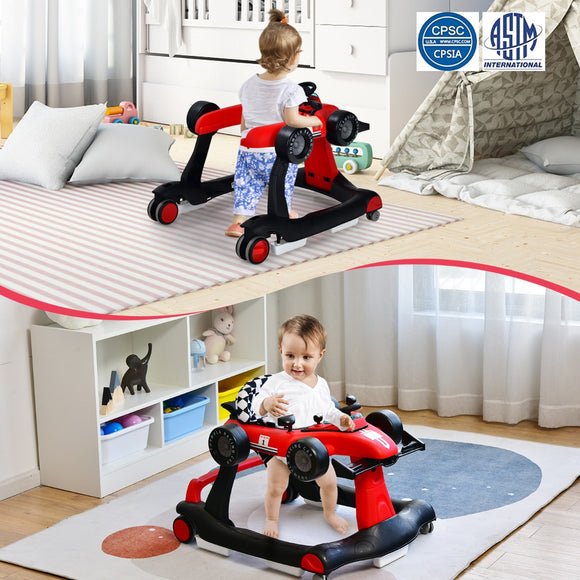 NNECW 4-in-1 Foldable Activity Car Walker with Adjustable Height and Speed-Red