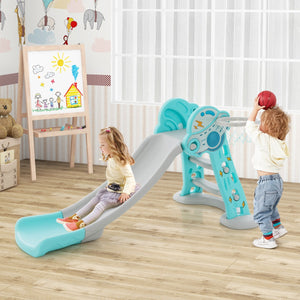 NNECW Folding Slide Playset with Basketball Hoop and Small Basketball for Kids-Blue
