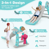 NNECW Folding Slide Playset with Basketball Hoop and Small Basketball for Kids-Blue