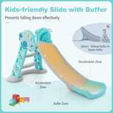 NNECW Folding Slide Playset with Basketball Hoop and Small Basketball for Kids-Blue