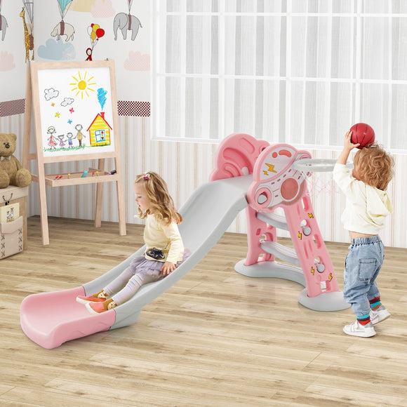 NNECW Folding Slide Playset with Basketball Hoop and Small Basketball for Kids-Pink