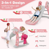 NNECW Folding Slide Playset with Basketball Hoop and Small Basketball for Kids-Pink