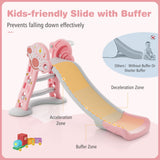 NNECW Folding Slide Playset with Basketball Hoop and Small Basketball for Kids-Pink