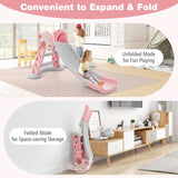 NNECW Folding Slide Playset with Basketball Hoop and Small Basketball for Kids-Pink