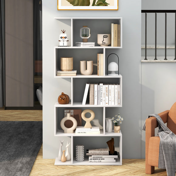 NNECW Geometric S-Shaped Bookcase with Anti-Toppling Device for Living Room/ Home/ Office-White