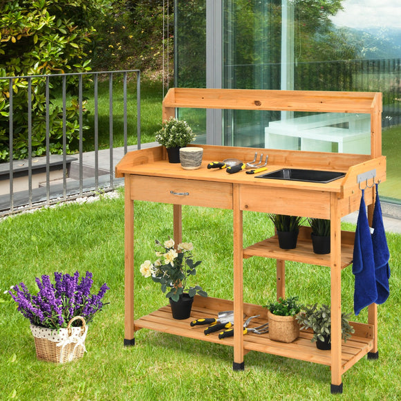 NNECW Potting Table with Wood Storage Shelf for Garden-Natural