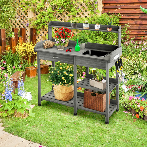 NNECW Potting Table with Wood Storage Shelf for Garden-Gray