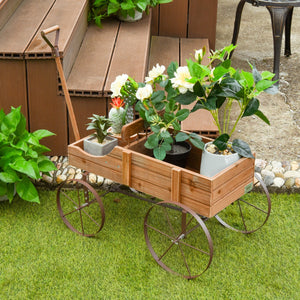 NNECW Wood Wagon Planter with Adjustable Handle-Brown