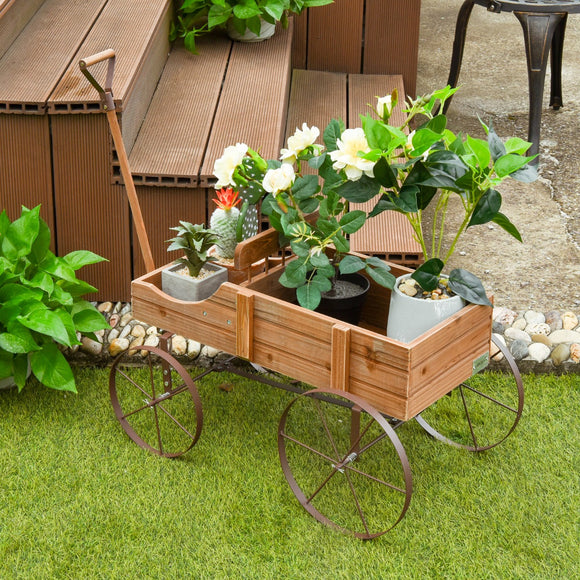 NNECW Wood Wagon Planter with Adjustable Handle-Brown