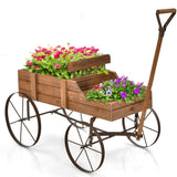 NNECW Wood Wagon Planter with Adjustable Handle-Brown