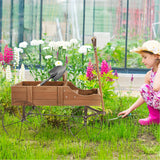 NNECW Wood Wagon Planter with Adjustable Handle-Brown