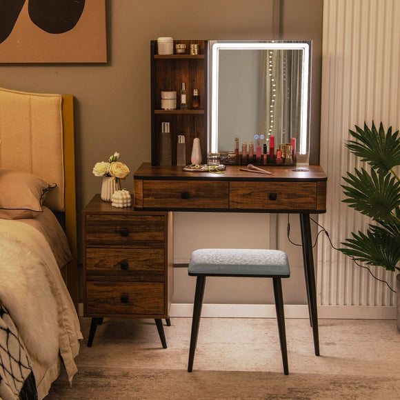 NNECW Multifunctional Vanity Table with 3-in-1 Charging Station for Bedroom-Coffee