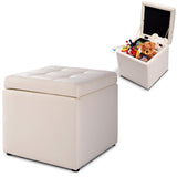 NNECW 40cm PU Leather Cube Storage Ottoman with Lid-White