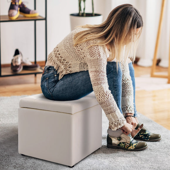 NNECW 40cm PU Leather Cube Storage Ottoman with Lid-White
