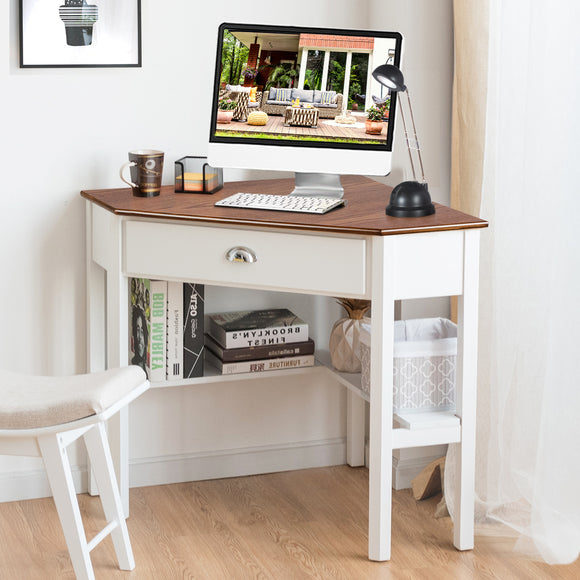 NNECW Corner Computer Desk with Drawer &amp; Shelves for Office Natural