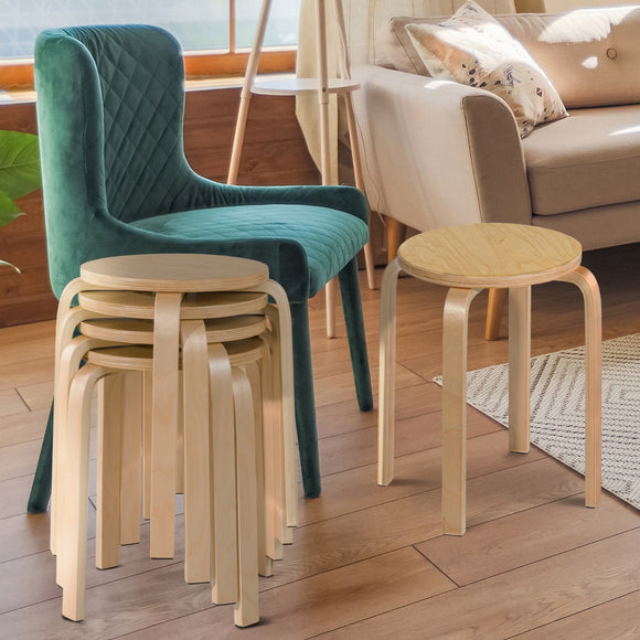 NNECW Set of 4 Stackable Wooden Stools for Living Room & Dining Room-Natural