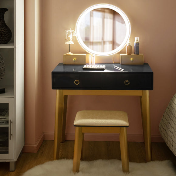 NNECW Dressing Table Stool Set with Makeup Mirror for Bedroom-Black