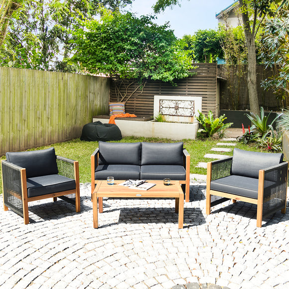 NNECW 4 Pieces Acacia Wood Patio Conversation Set with Armrest