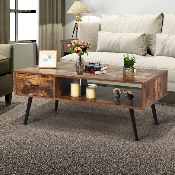 NNECW Mid-Century Modern Coffee Table with 1 Drawer & Storage Shelf