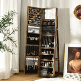 NNECW Full Length Mirrored Jewellery Cabinet Rotates 360° with Open Display Shelves-Coffee