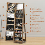 NNECW Full Length Mirrored Jewellery Cabinet Rotates 360° with Open Display Shelves-Coffee