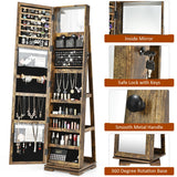 NNECW Full Length Mirrored Jewellery Cabinet Rotates 360° with Open Display Shelves-Coffee