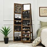 NNECW Full Length Mirrored Jewellery Cabinet Rotates 360° with Open Display Shelves-Coffee