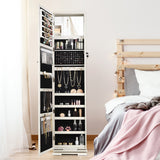 NNECW Full Length Mirrored Jewellery Cabinet Rotates 360° with Open Display Shelves-White