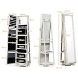 NNECW Full Length Mirrored Jewellery Cabinet Rotates 360° with Open Display Shelves-White