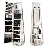 NNECW Full Length Mirrored Jewellery Cabinet Rotates 360° with Open Display Shelves-White