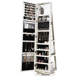 NNECW Full Length Mirrored Jewellery Cabinet Rotates 360° with Open Display Shelves-White