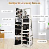 NNECW Full Length Mirrored Jewellery Cabinet Rotates 360° with Open Display Shelves-White